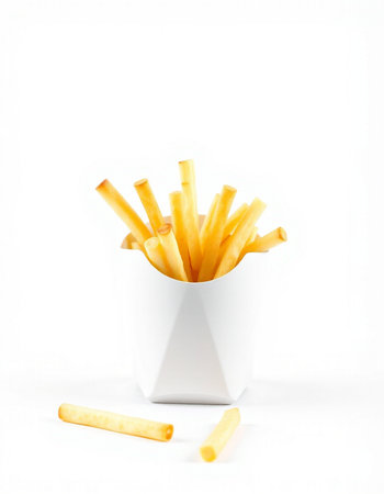 French fries in a white box on a white background. Isolated