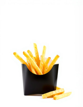 French fries in black box isolated on white background. Fast food concept.