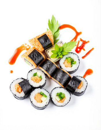 Sushi set isolated on white background. Sushi roll with salmon, avocado, cucumber, nori, cream cheese and red sauceの写真素材