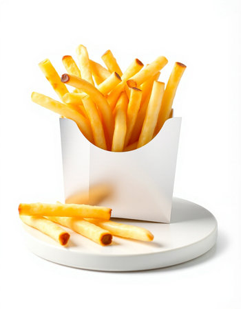 French fries in a white box on a white background. Isolated