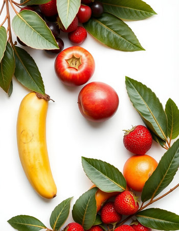 Fresh fruits with leaves on white background. Flat lay, top view