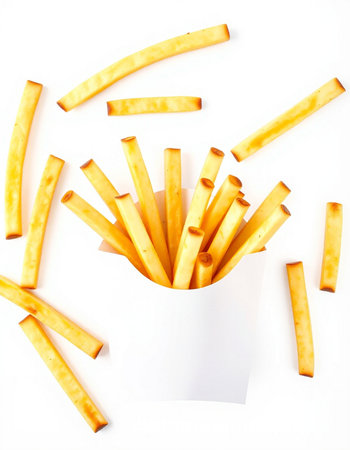 French fries isolated on white background. Top view. Flat lay.の写真素材