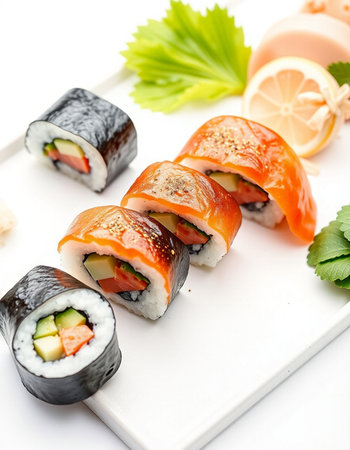 Sushi Set - Sushi Roll with Salmon, Cream Cheese and Raw Salmon insideの写真素材