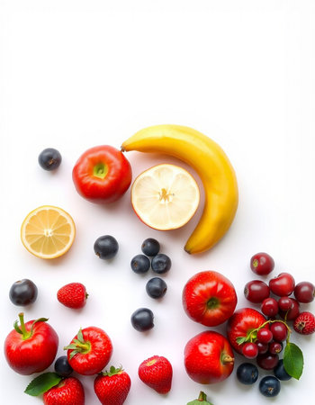 Fresh fruits and berries isolated on white background. Top view. Flat lay.の写真素材
