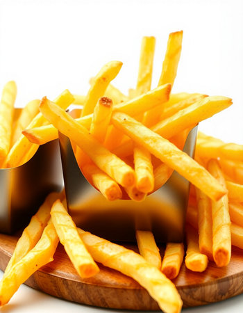French fries on white background. Shallow depth of field. Selective focus.