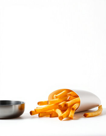 French fries in a container on a white background. Isolated