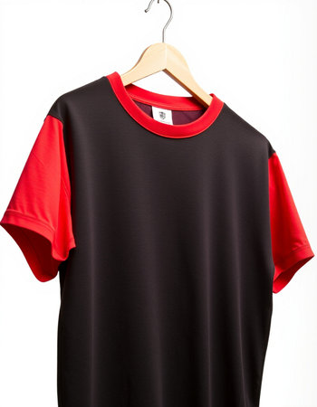Red and black t-shirt on a hanger isolated on white backgroundの写真素材