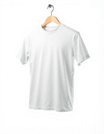 White t-shirt on wood hanger isolated on white background.
