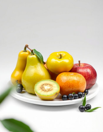 Fruits on a white plate, isolated on a white background.の写真素材