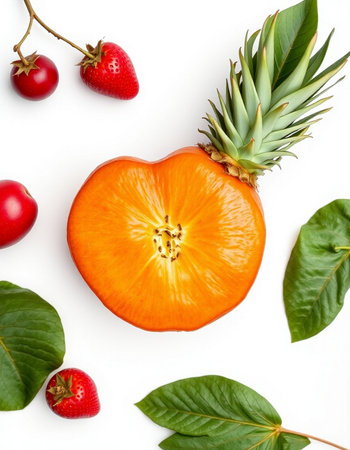 Fruits and leaves isolated on white background. Flat lay, top viewの写真素材