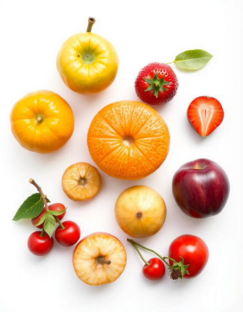 Various fruits and vegetables on white background. Top view. Flat lay.の写真素材