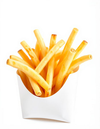 french fries in a white box isolated on a white background.