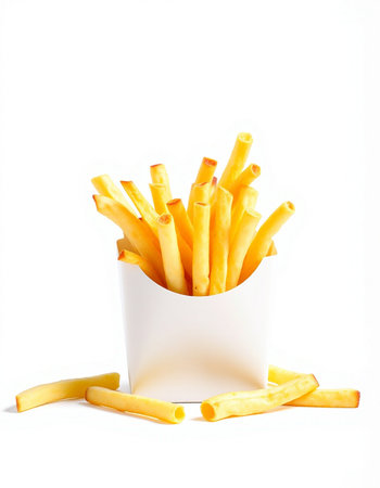 French fries in a white box on a white background. Isolated