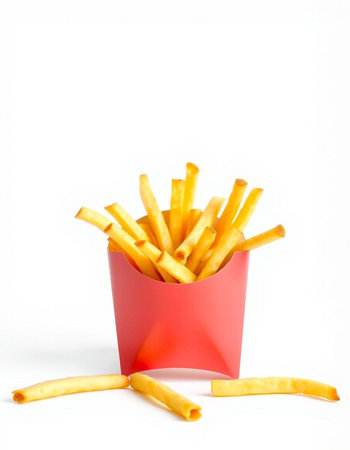 French fries in red box isolated on white background. Fast food.