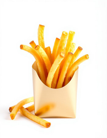 French fries in a paper bag on a white background. Isolated