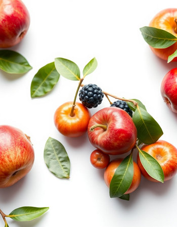 Fruits and leaves on white background. Ripe red apples, blackberries and blackberries.の写真素材