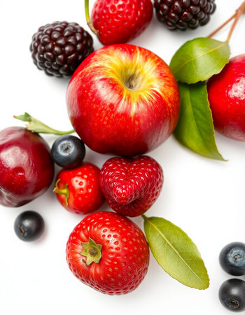 Red apple, blackberry, strawberry and blueberry on white backgroundの写真素材