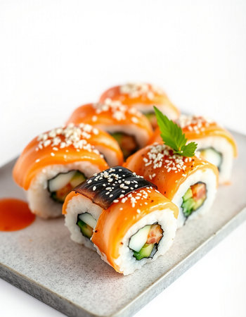 Japanese Cuisine - Sushi Roll with Salmon, Cream Cheese and Raw Salmon inside. Nori outsideの写真素材