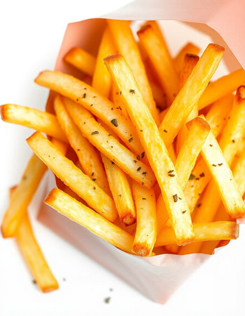 French fries in a paper box on a white background. Selective focus.