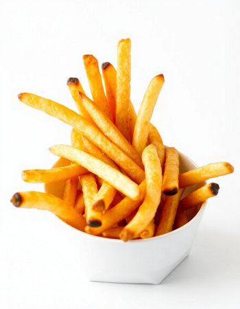 French fries in a bowl on a white background. Selective focus.