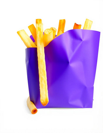 French fries in paper bag isolated on white background, clipping path includedの写真素材
