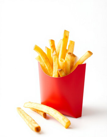 French fries in a red box on a white background. Isolated