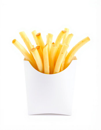 French fries in a white box isolated on white background. Selective focus.