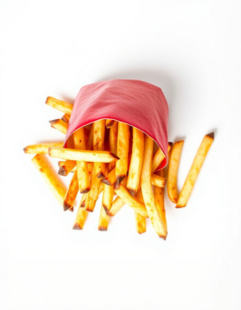 French fries in a red paper bag on a white background, top viewの写真素材