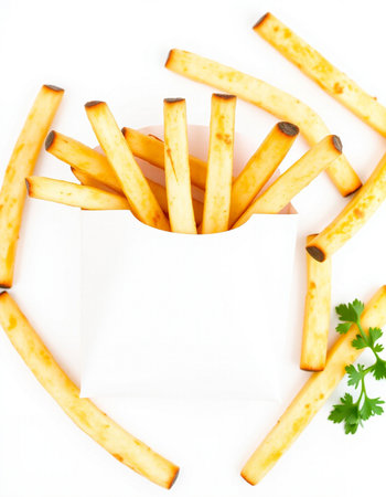French fries with parsley on a white background. Selective focus.の写真素材