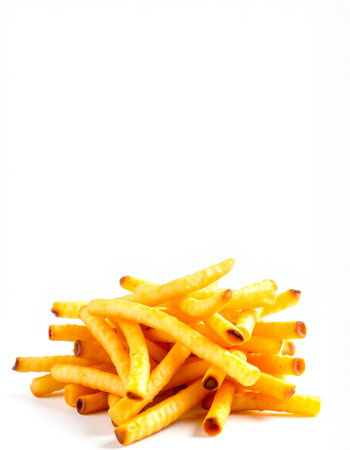 Potato fries on white background. Selective focus with shallow depth of field.の写真素材