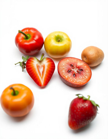 Fruits and vegetables isolated on white background. Healthy food concept.