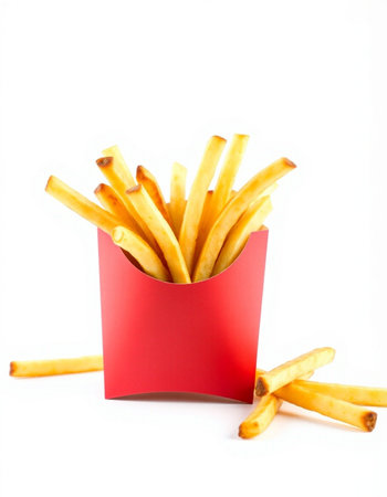 French fries in a red box isolated on white background. Fast food.
