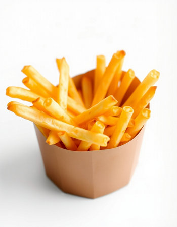 French fries in paper box on white background. Selective focus.