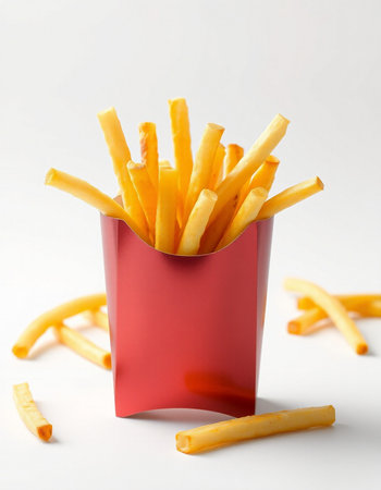 French fries in a red box on a white background. Close-up.