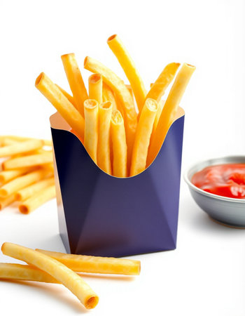 French fries in a paper box with ketchup on a white background