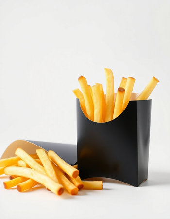 French fries in a black paper box on a white background. Fast food.