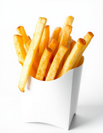 French fries in a paper box on a white background. Close-up.