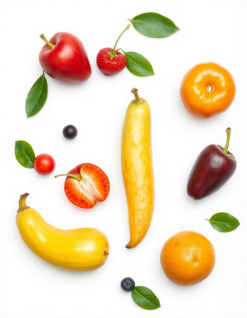 Fruits and vegetables on a white background. Flat lay, top viewの写真素材
