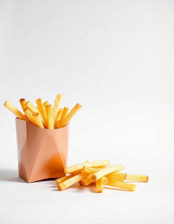 French fries in a paper box on a white background. Copy space.の写真素材