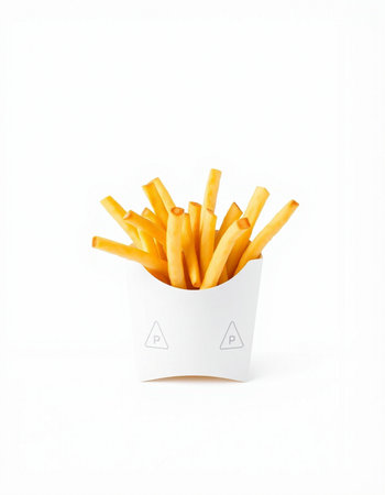 French fries in a white box isolated on white background. Fast food.