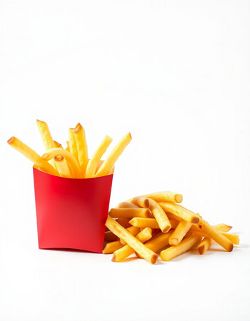 French fries in a red box on a white background. Isolated