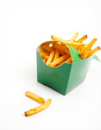 French fries in a green box on a white background. Selective focus.の写真素材