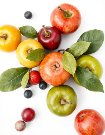 Colorful fruits and berries on white background. Healthy food concept.の写真素材