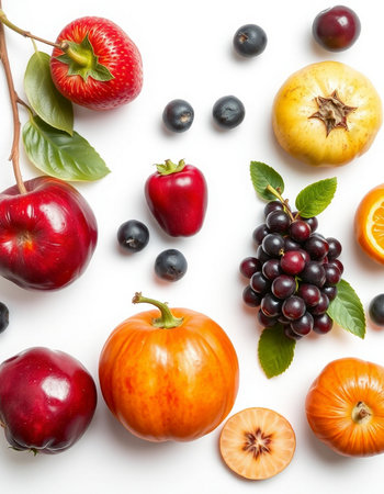 Fruits and vegetables on white background. Flat lay, top view