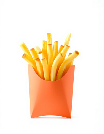 French fries in a paper box isolated on white background. Fast food.
