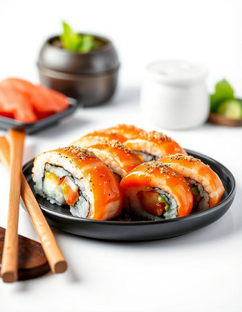 Sushi roll with salmon, cream cheese and cucumber on a white backgroundの写真素材