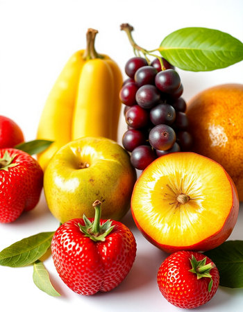 Fresh fruits isolated on white background. Healthy food concept. Selective focus.