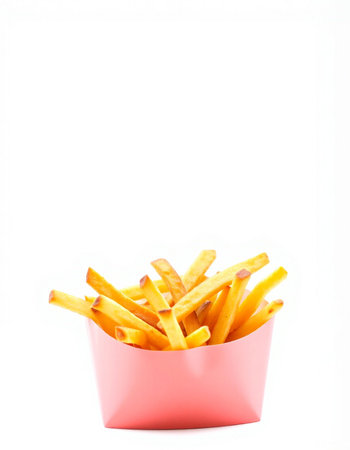 French fries in a pink box on a white background, isolated.