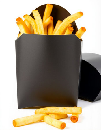 French fries in a black box on a white background. Isolatedの写真素材