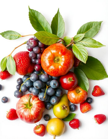 Fruits and berries on a white background. Healthy food concept.